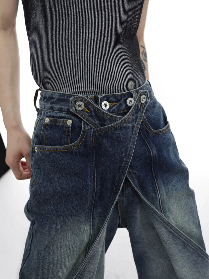 Vintage Wash Wide - Leg Jeans with Deconstructed Double - Layer Design - ArguE CulturE