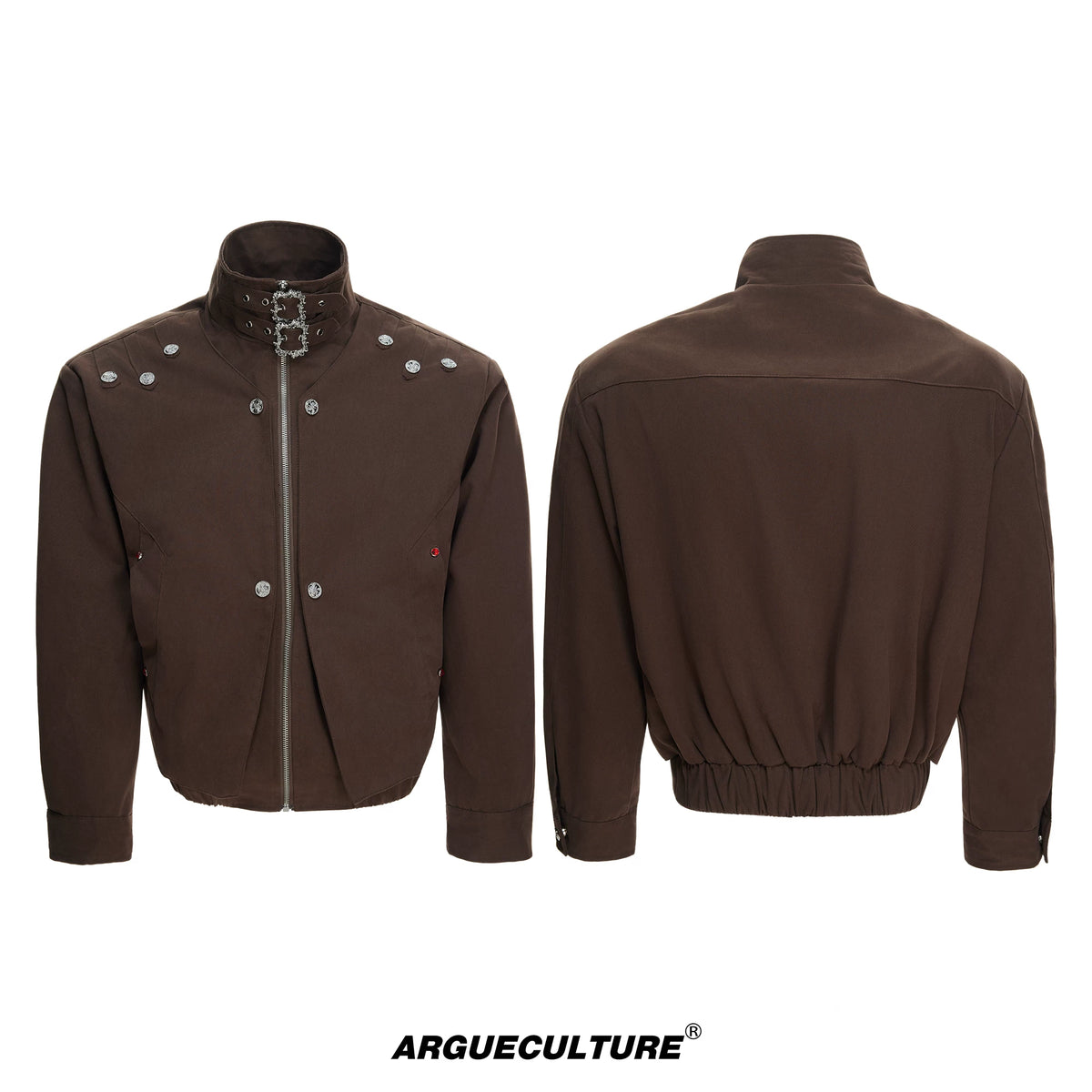 Vintage Washed Cotton Stand Collar Jacket | Asymmetric - Brown