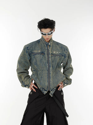 Back view of a black padded shoulder denim jacket showing 3D pleats