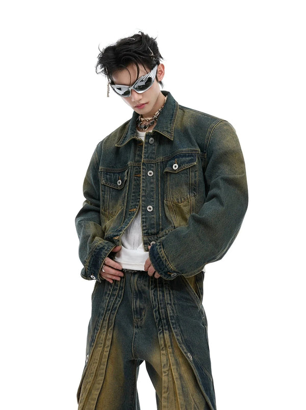 Vintage Washed Denim Jacket with Gradient and Shoulder Pads - ArguE CulturE