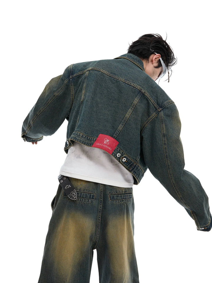 Vintage Washed Denim Jacket with Gradient and Shoulder Pads - ArguE CulturE