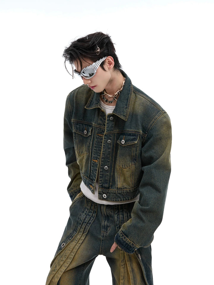 Vintage Washed Denim Jacket with Gradient and Shoulder Pads - ArguE CulturE