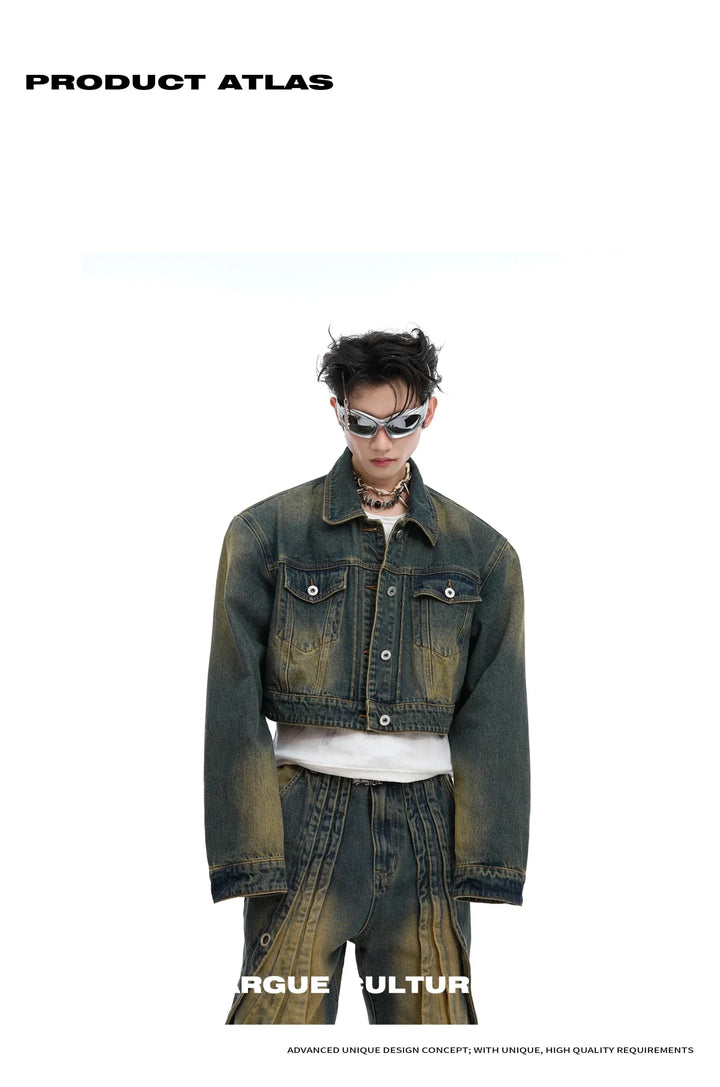 Vintage Washed Denim Jacket with Gradient and Shoulder Pads - ArguE CulturE