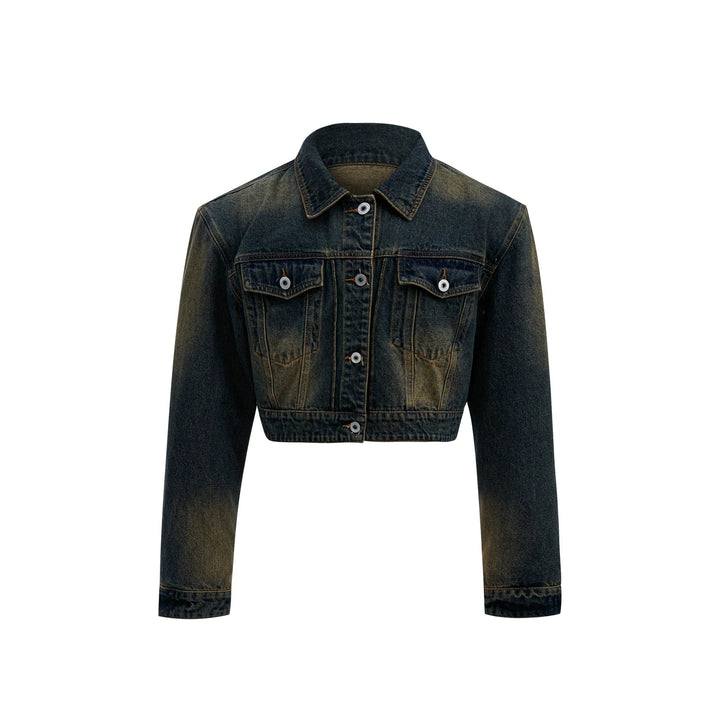 Vintage Washed Denim Jacket with Gradient and Shoulder Pads - ArguE CulturE