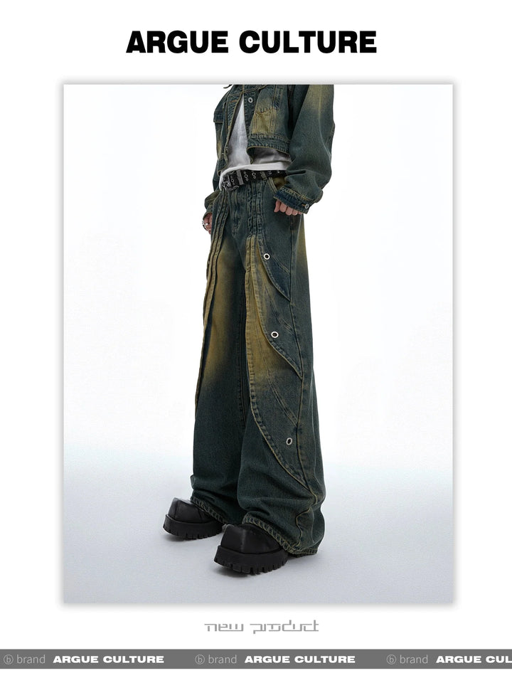 Vintage Washed Pleated Denim Pants with Metal Ring Design - ArguE CulturE