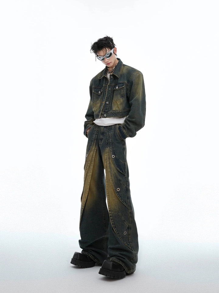 Vintage Washed Pleated Denim Pants with Metal Ring Design - ArguE CulturE