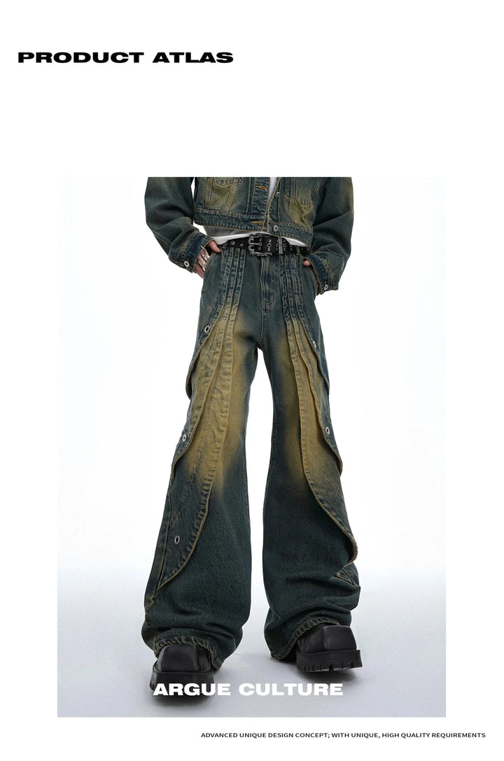 Vintage Washed Pleated Denim Pants with Metal Ring Design - ArguE CulturE