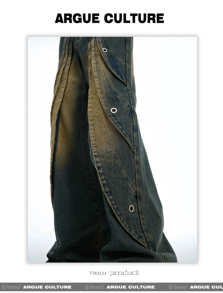 Vintage Washed Pleated Denim Pants with Metal Ring Design - ArguE CulturE