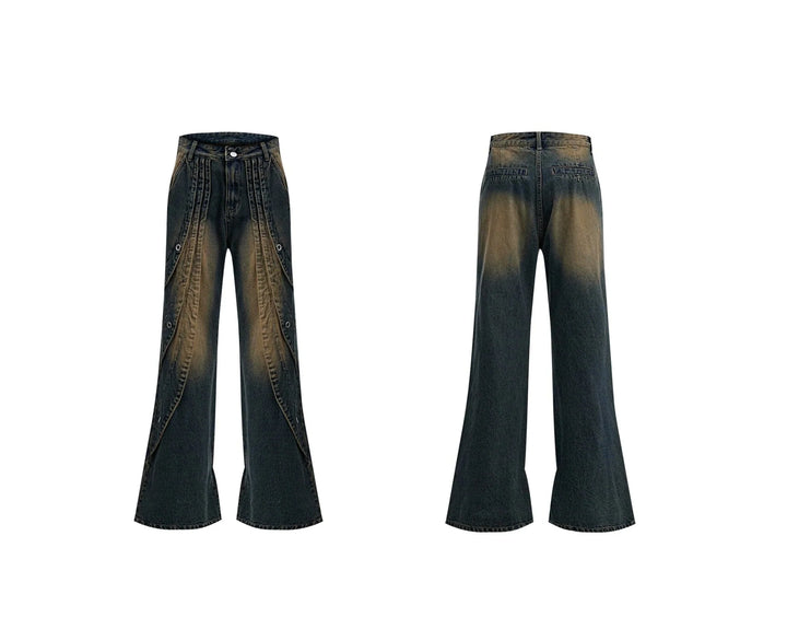 Vintage Washed Pleated Denim Pants with Metal Ring Design - ArguE CulturE