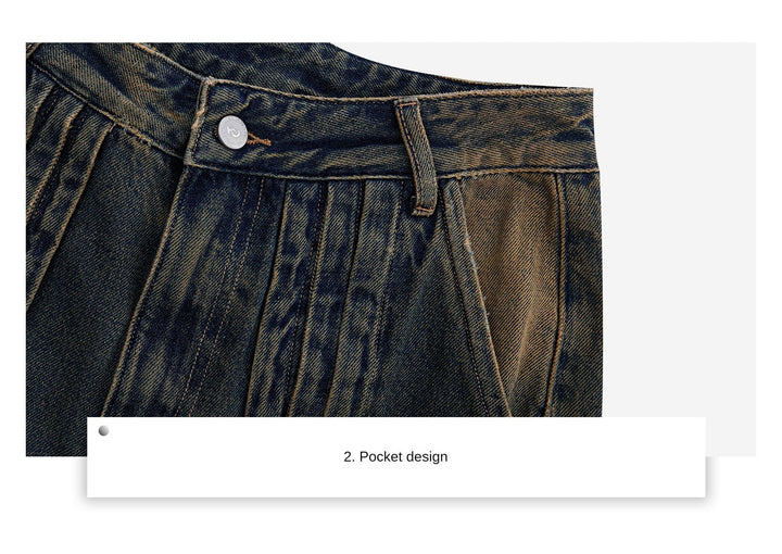 Vintage Washed Pleated Denim Pants with Metal Ring Design - ArguE CulturE