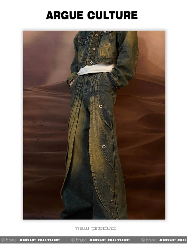 Vintage Washed Pleated Denim Pants with Metal Ring Design - ArguE CulturE