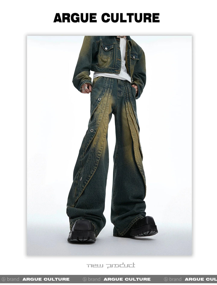 Vintage Washed Pleated Denim Pants with Metal Ring Design - ArguE CulturE