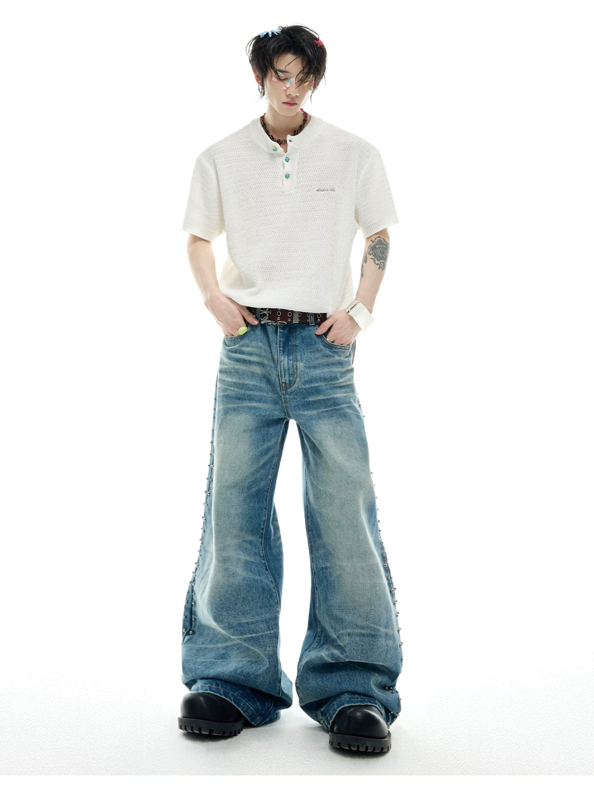 Vintage Washed Studded Straight Flare Jeans in Blue - detail image 3