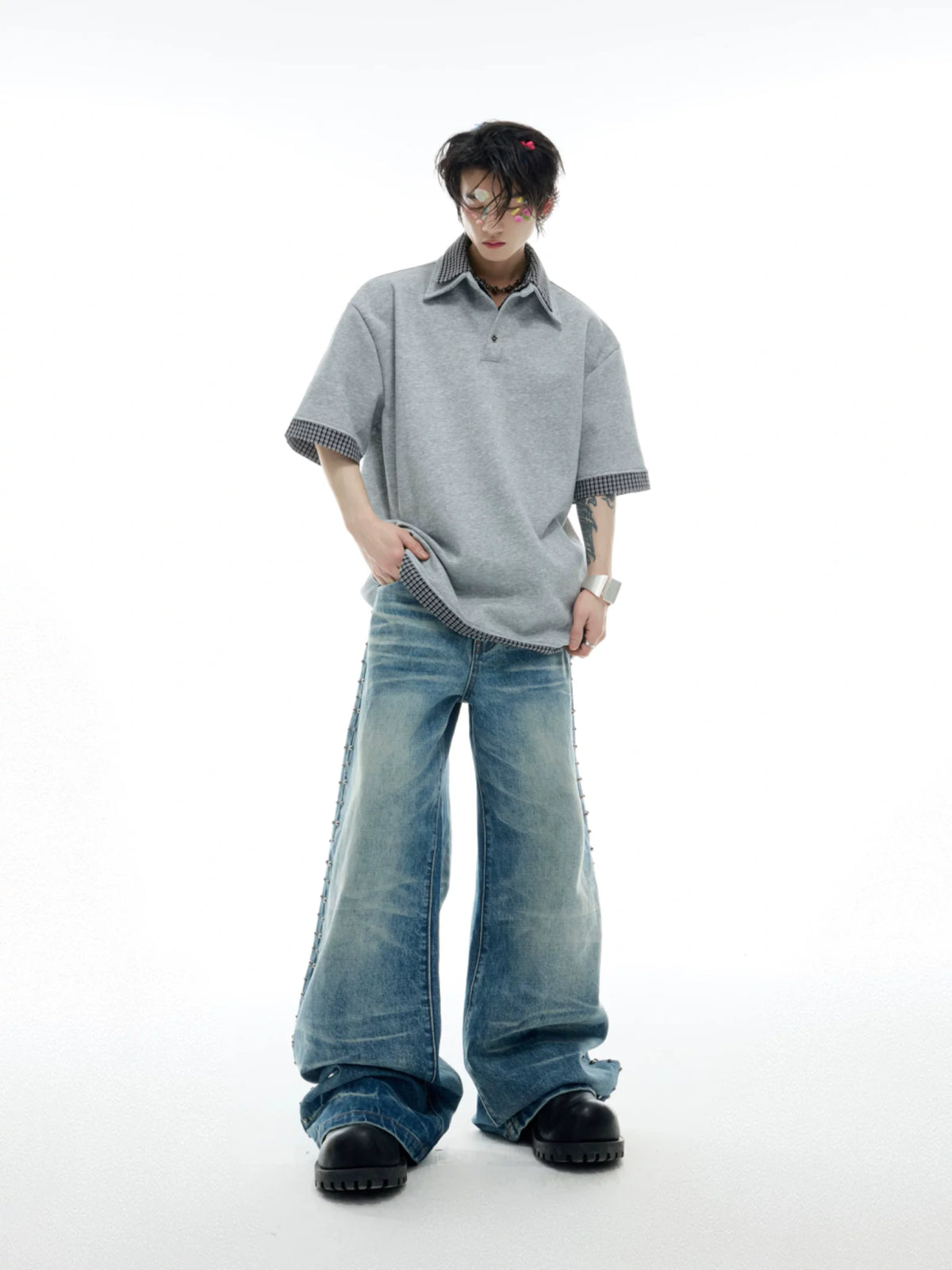 Vintage Washed Studded Straight Flare Jeans in Blue - main image 4