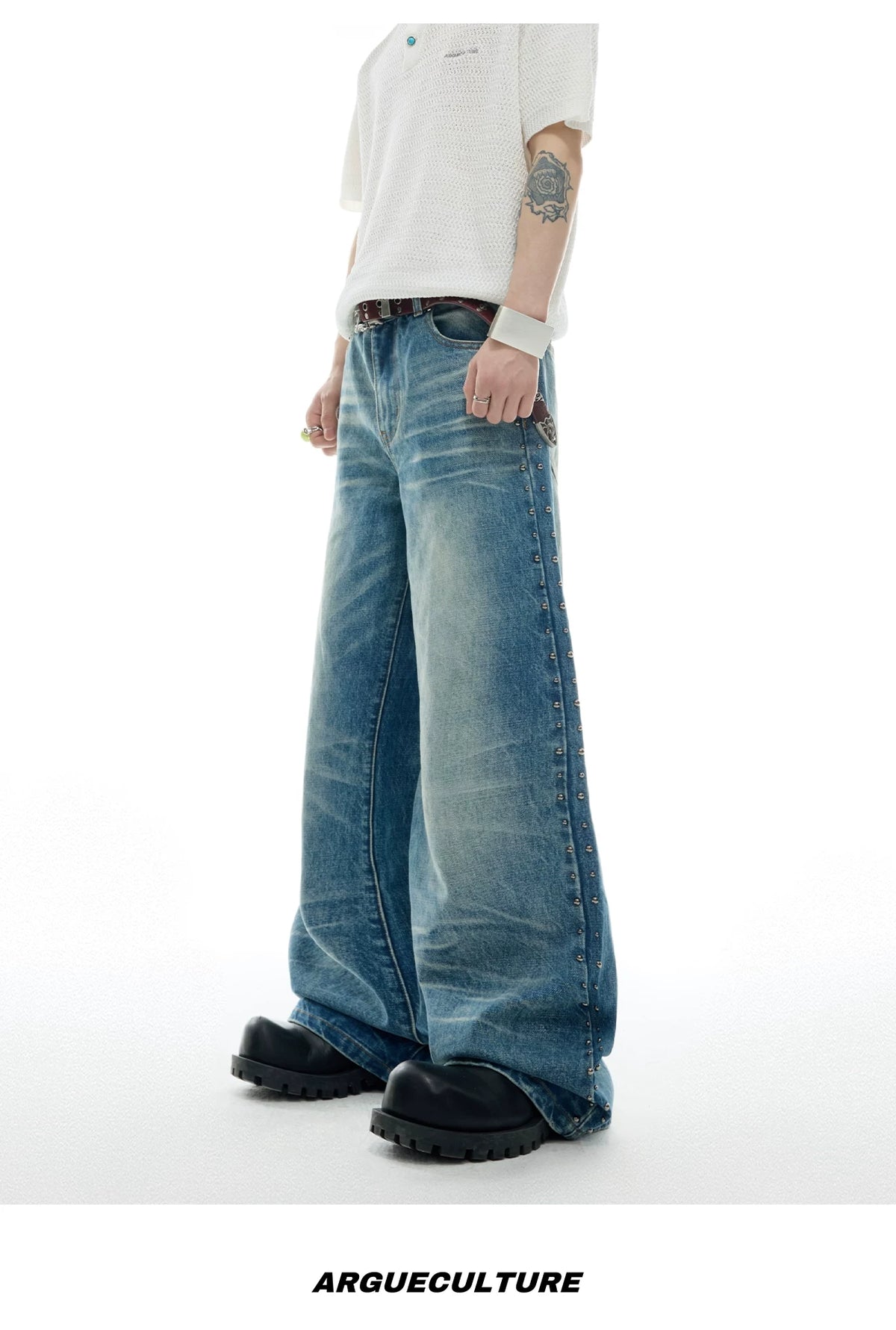 Vintage Washed Studded Straight Flare Jeans in Blue - detail image 8