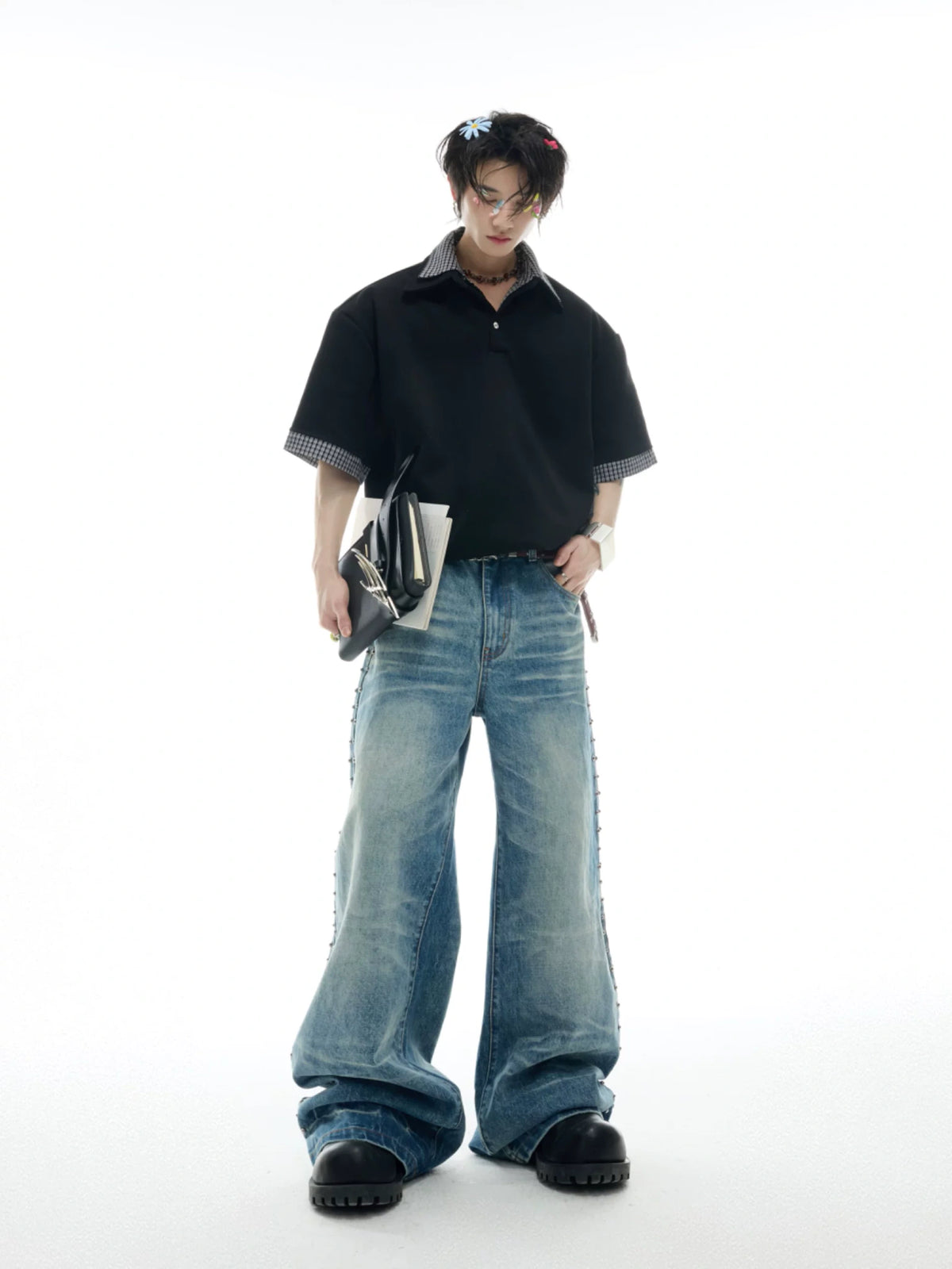 Vintage Washed Studded Straight Flare Jeans in Blue - main image 5