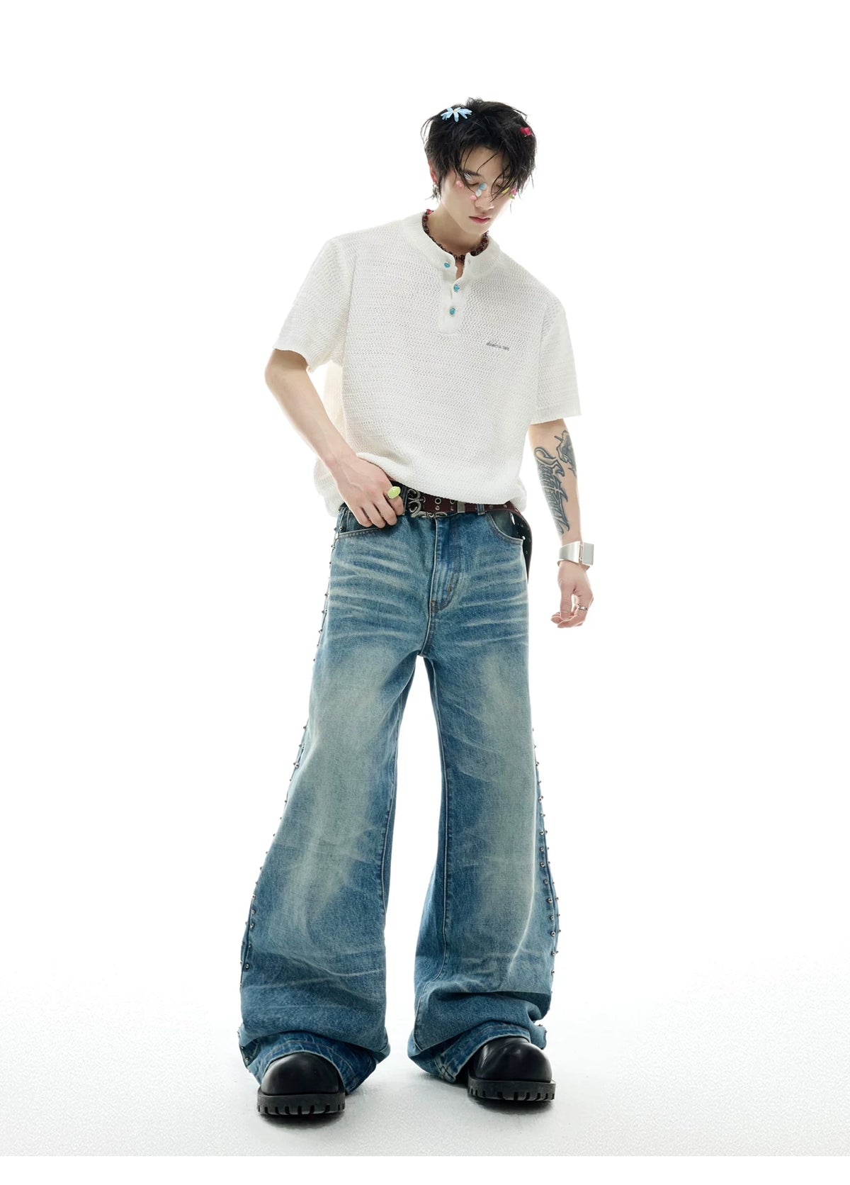 Vintage Washed Studded Straight Flare Jeans in Blue - detail image 5