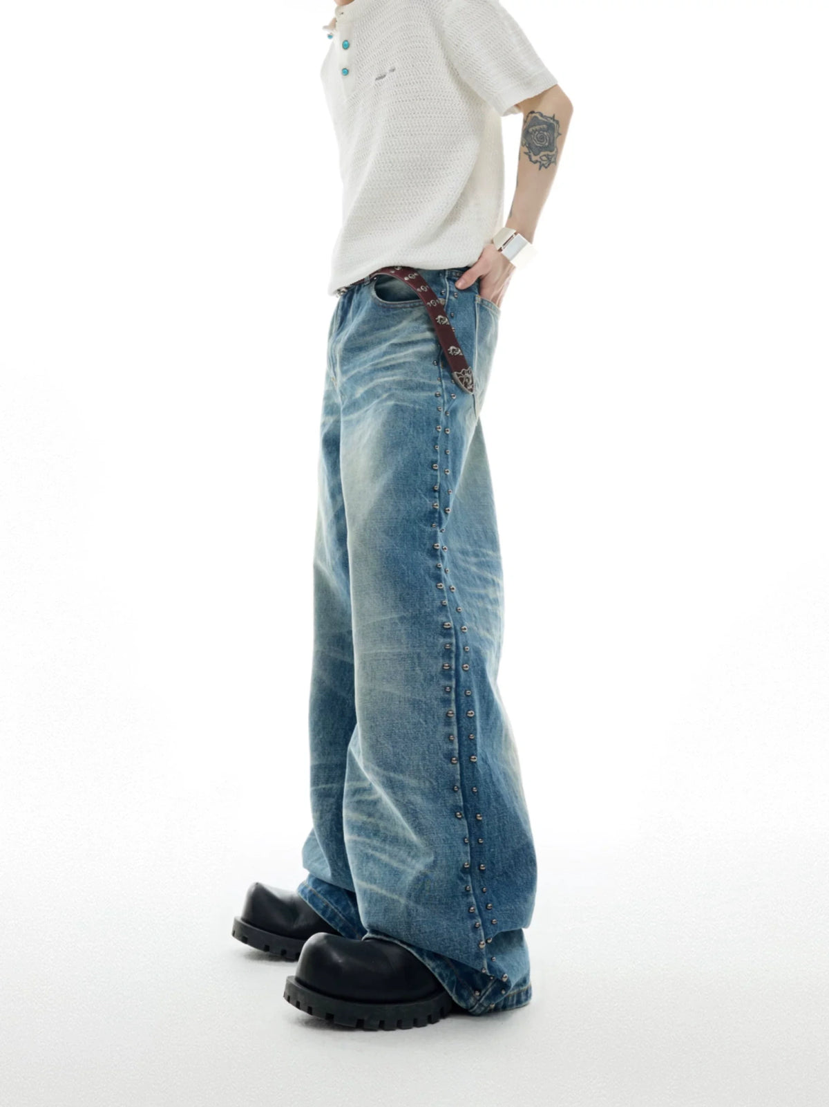 Vintage Washed Studded Straight Flare Jeans in Blue - main image 2