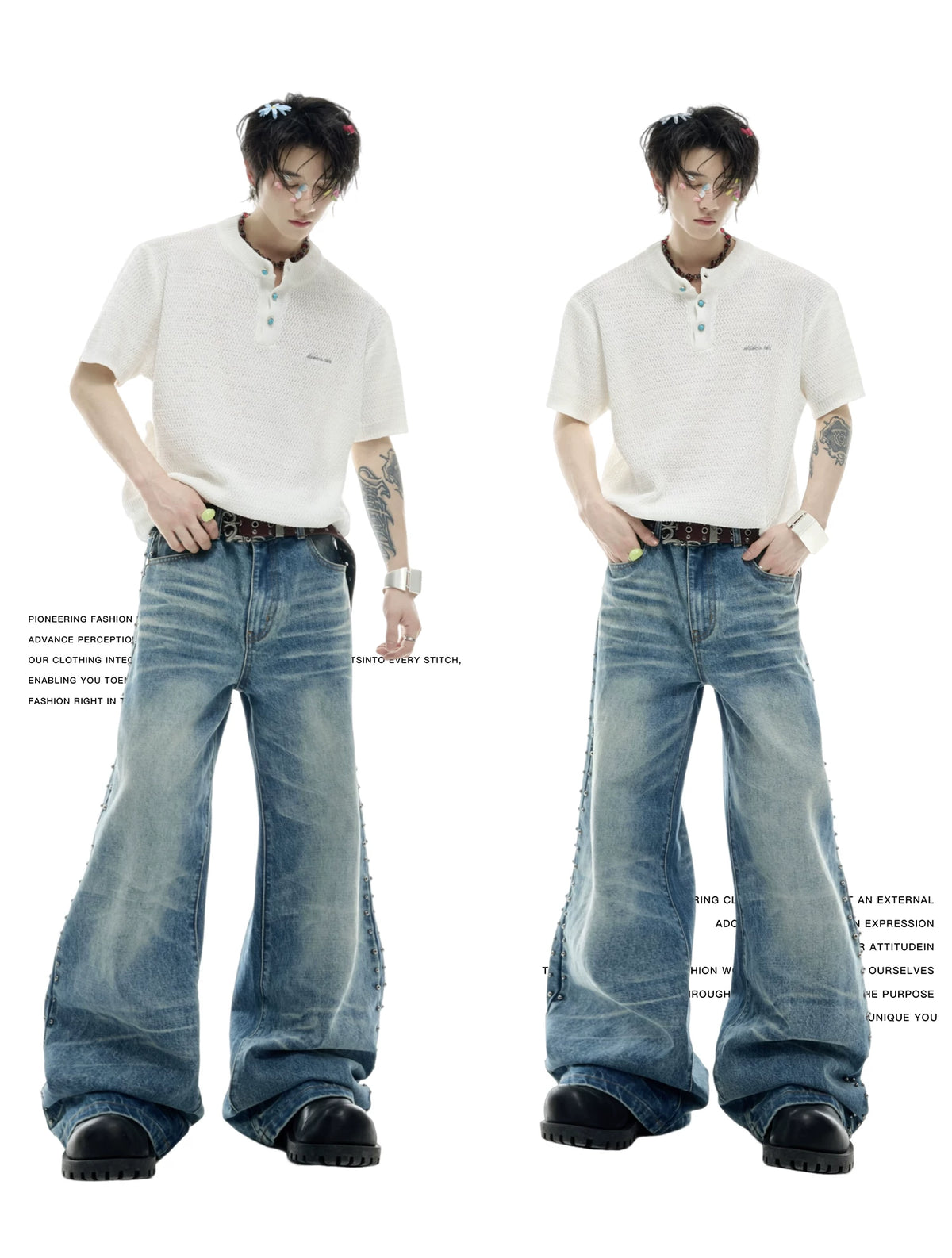 Vintage Washed Studded Straight Flare Jeans in Blue - detail image 2