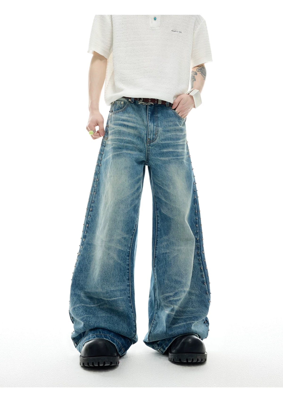 Vintage Washed Studded Straight Flare Jeans in Blue - detail image 7