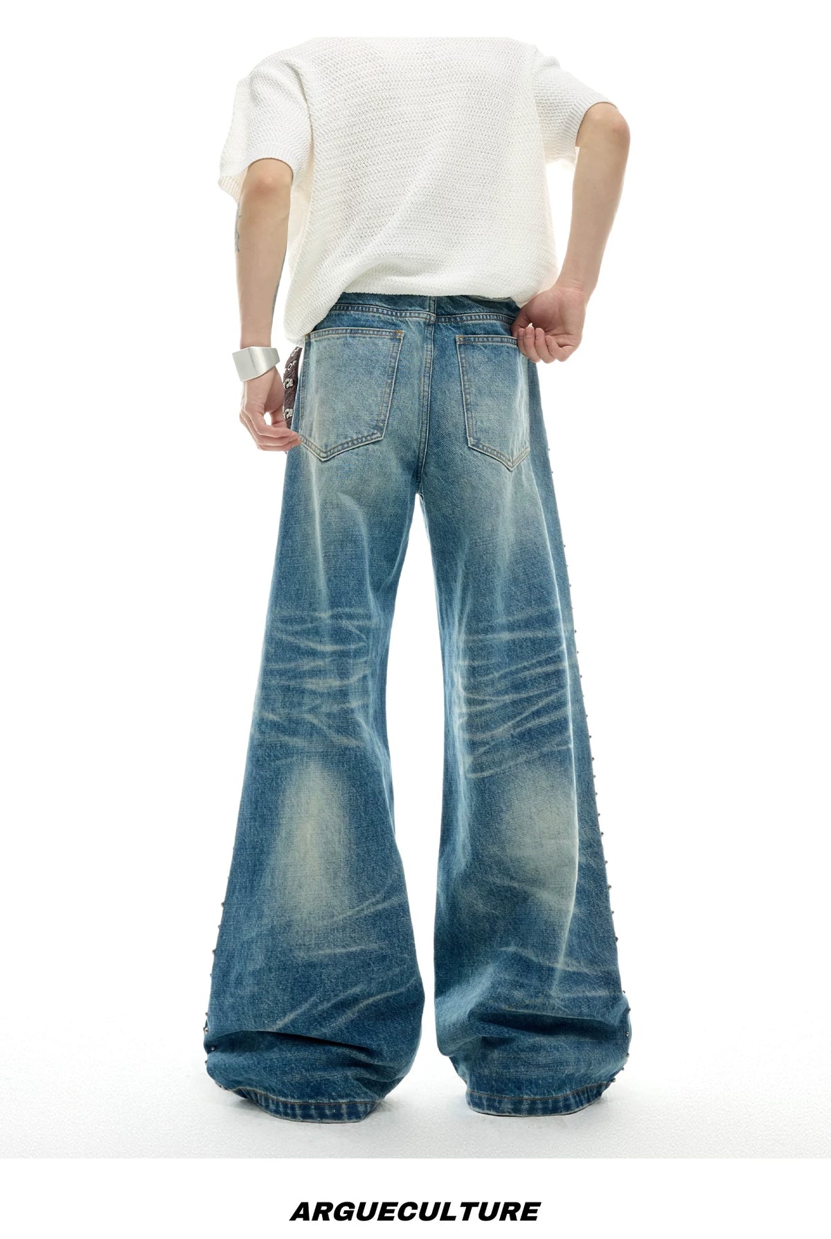 Vintage Washed Studded Straight Flare Jeans in Blue - detail image 11