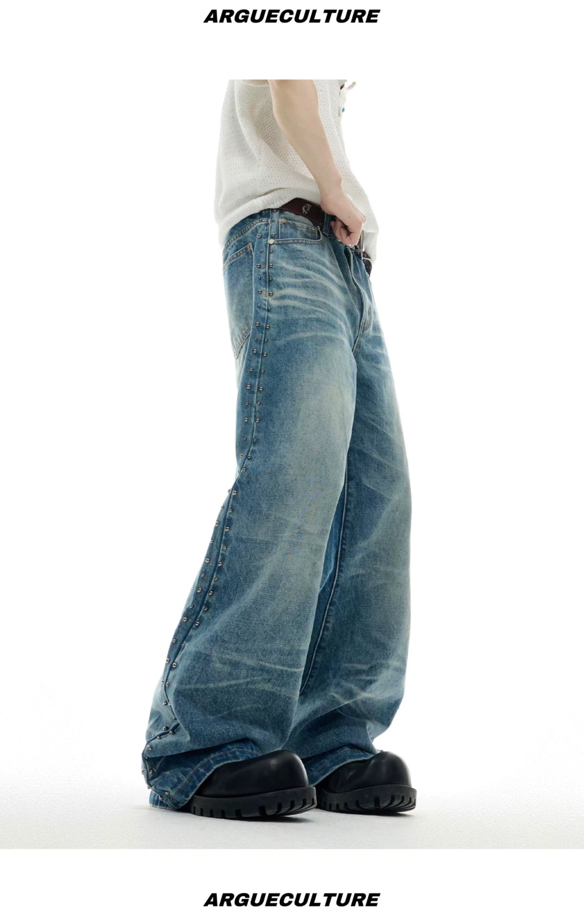 Vintage Washed Studded Straight Flare Jeans in Blue - detail image 10
