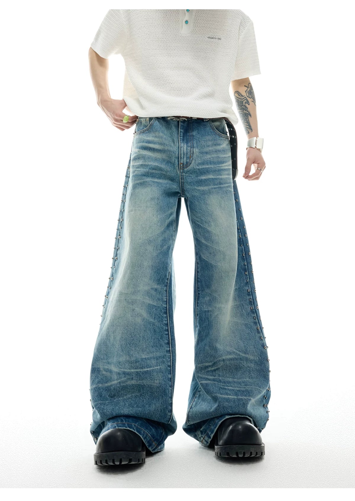 Vintage Washed Studded Straight Flare Jeans in Blue - detail image 9