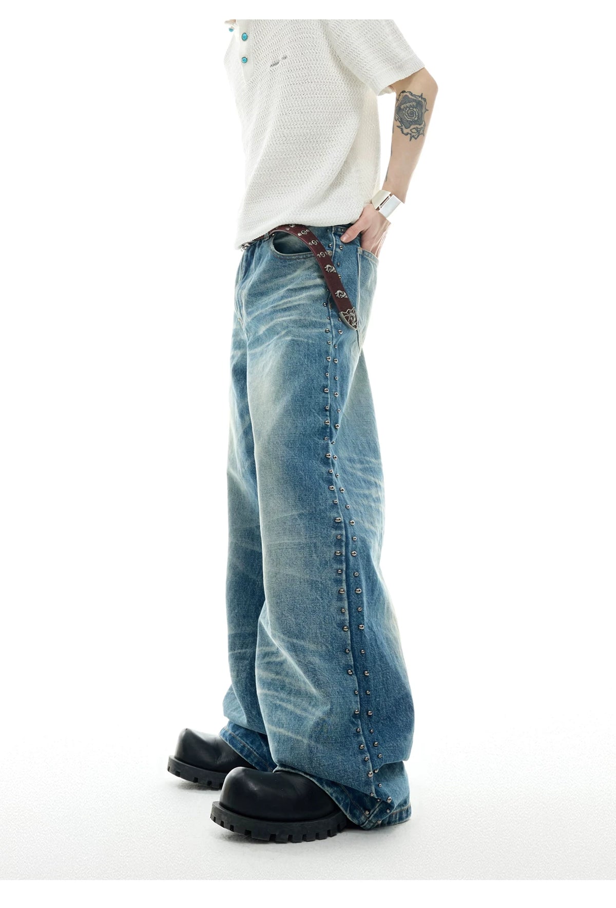 Vintage Washed Studded Straight Flare Jeans in Blue - detail image 6