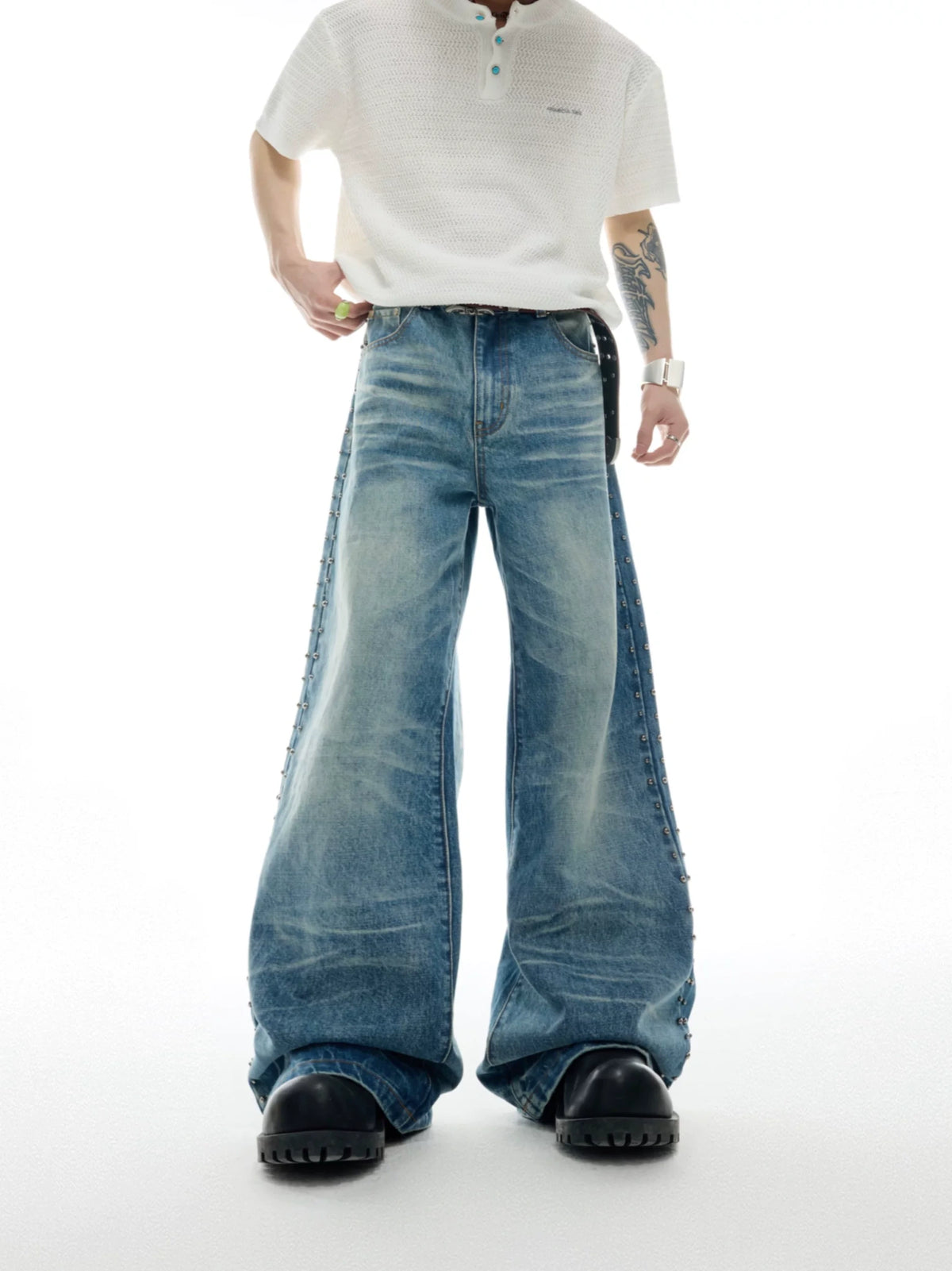 Vintage Washed Studded Straight Flare Jeans in Blue - main image 1