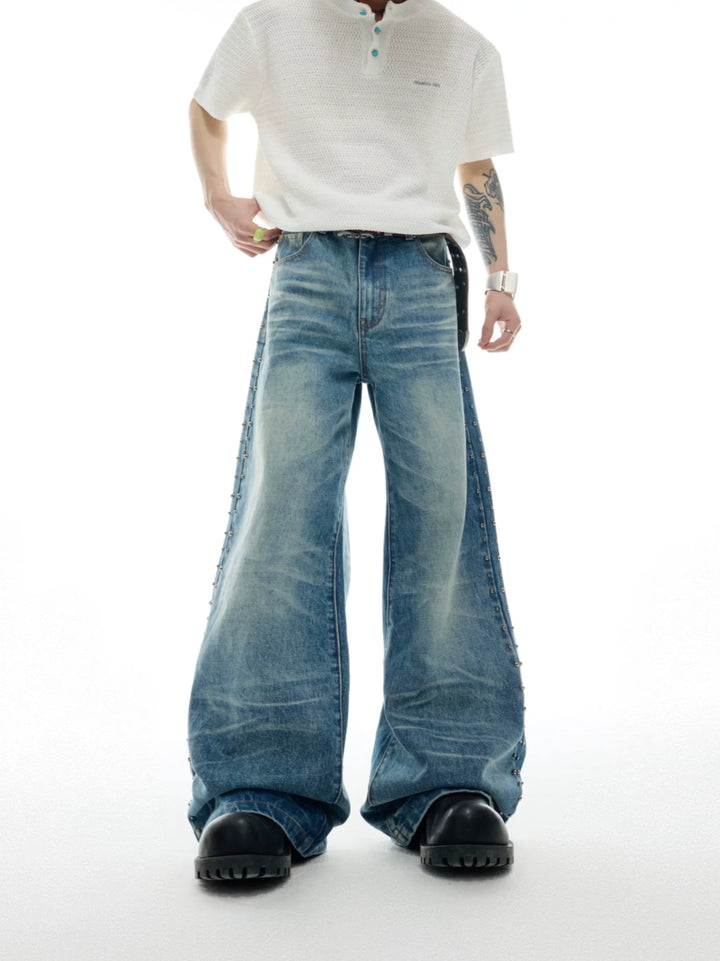 Vintage Washed Studded Straight Flare Jeans in Blue - main image 1