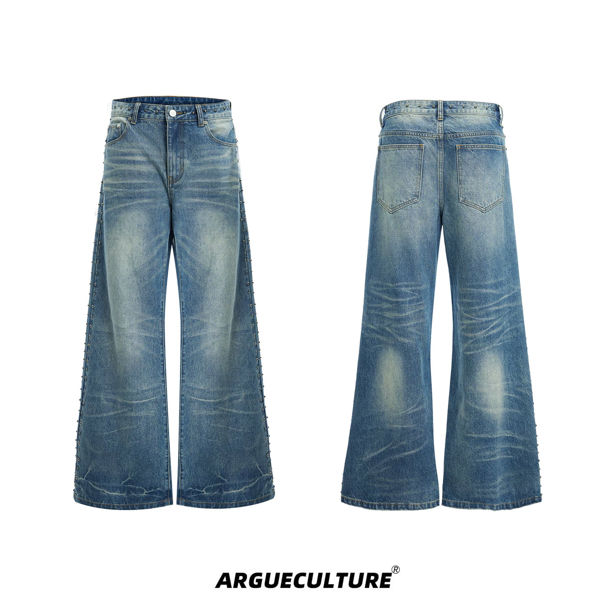 Vintage Washed Studded Straight Flare Jeans in Blue - Blue