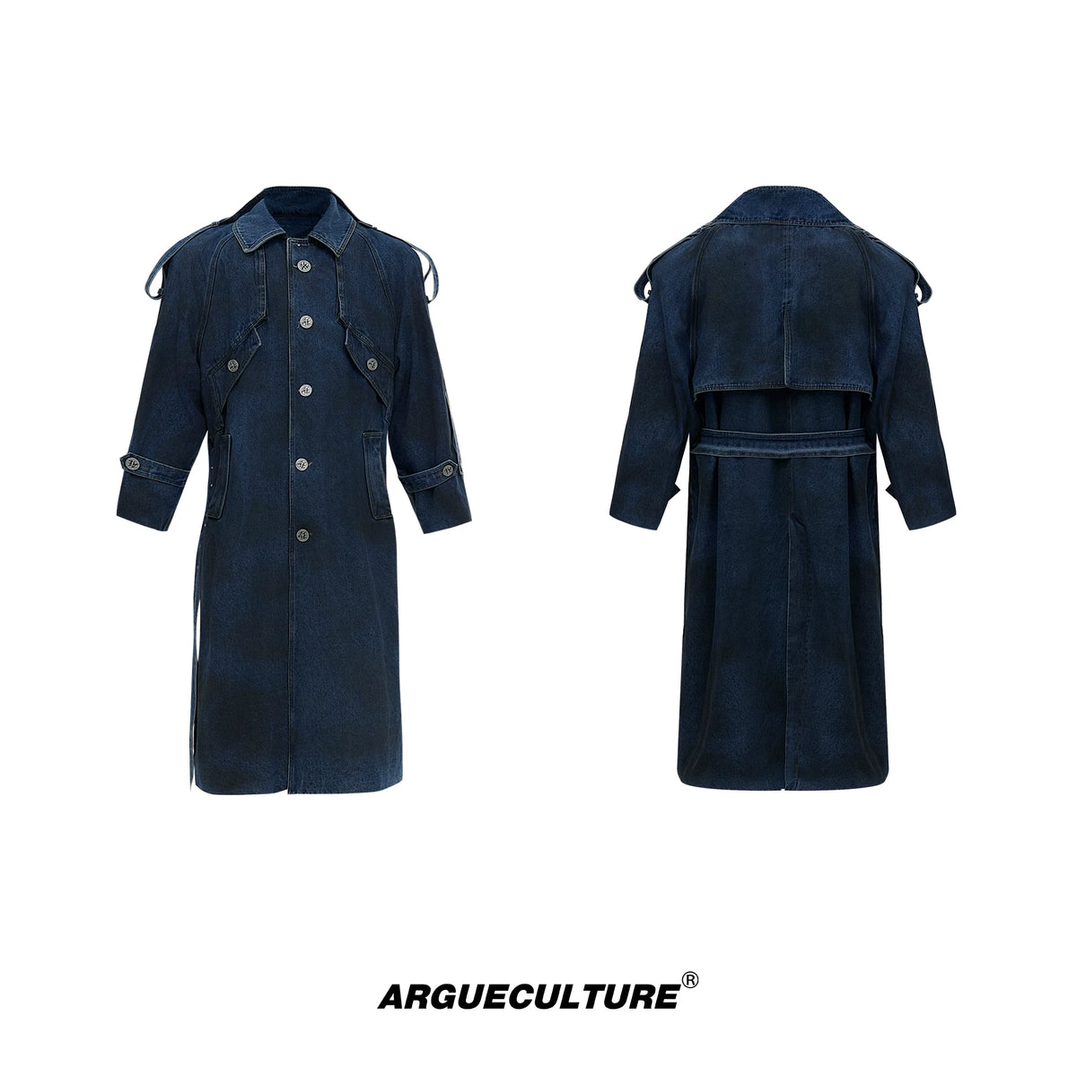 Washed Deconstructed Denim Longline Trench Coat - Washed Blue