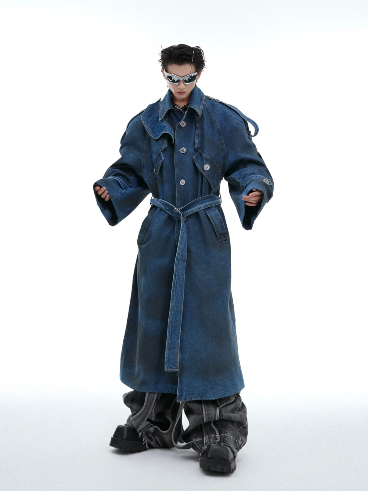 Washed Deconstructed Denim Longline Trench Coat - main image 1