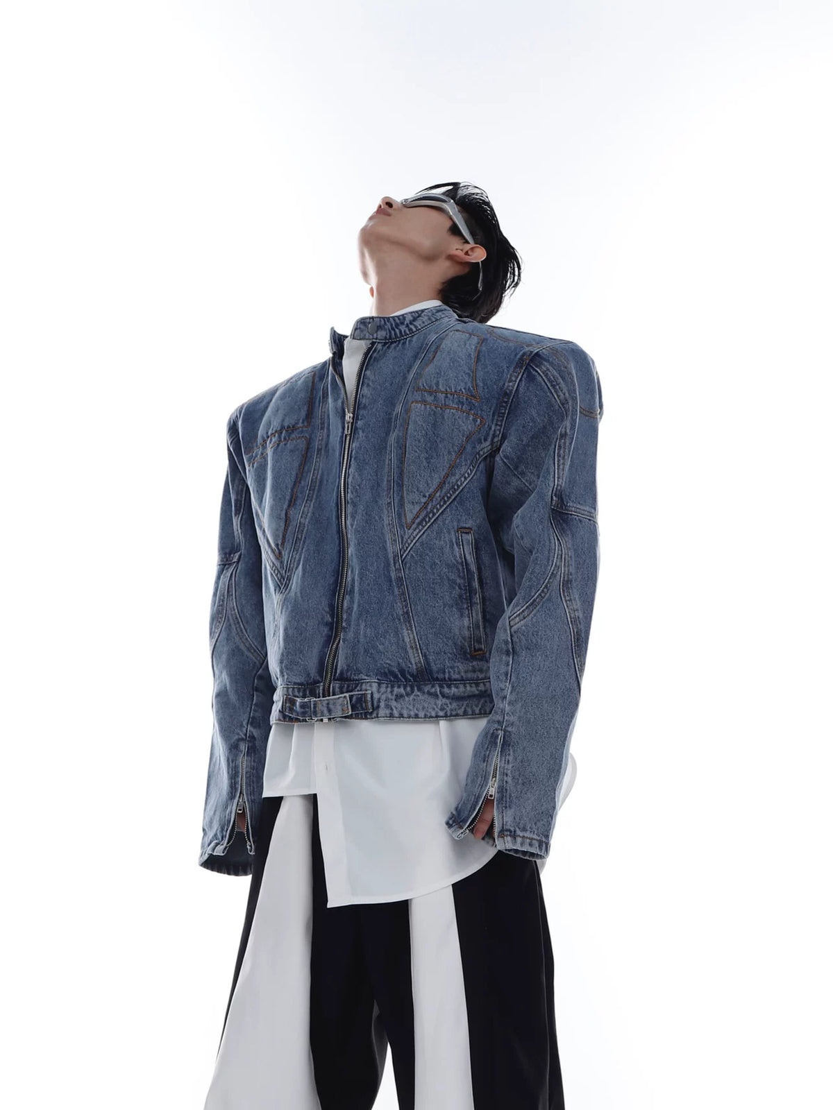 Washed Deconstructed Light Blue Denim Zip Jacket - main image 5