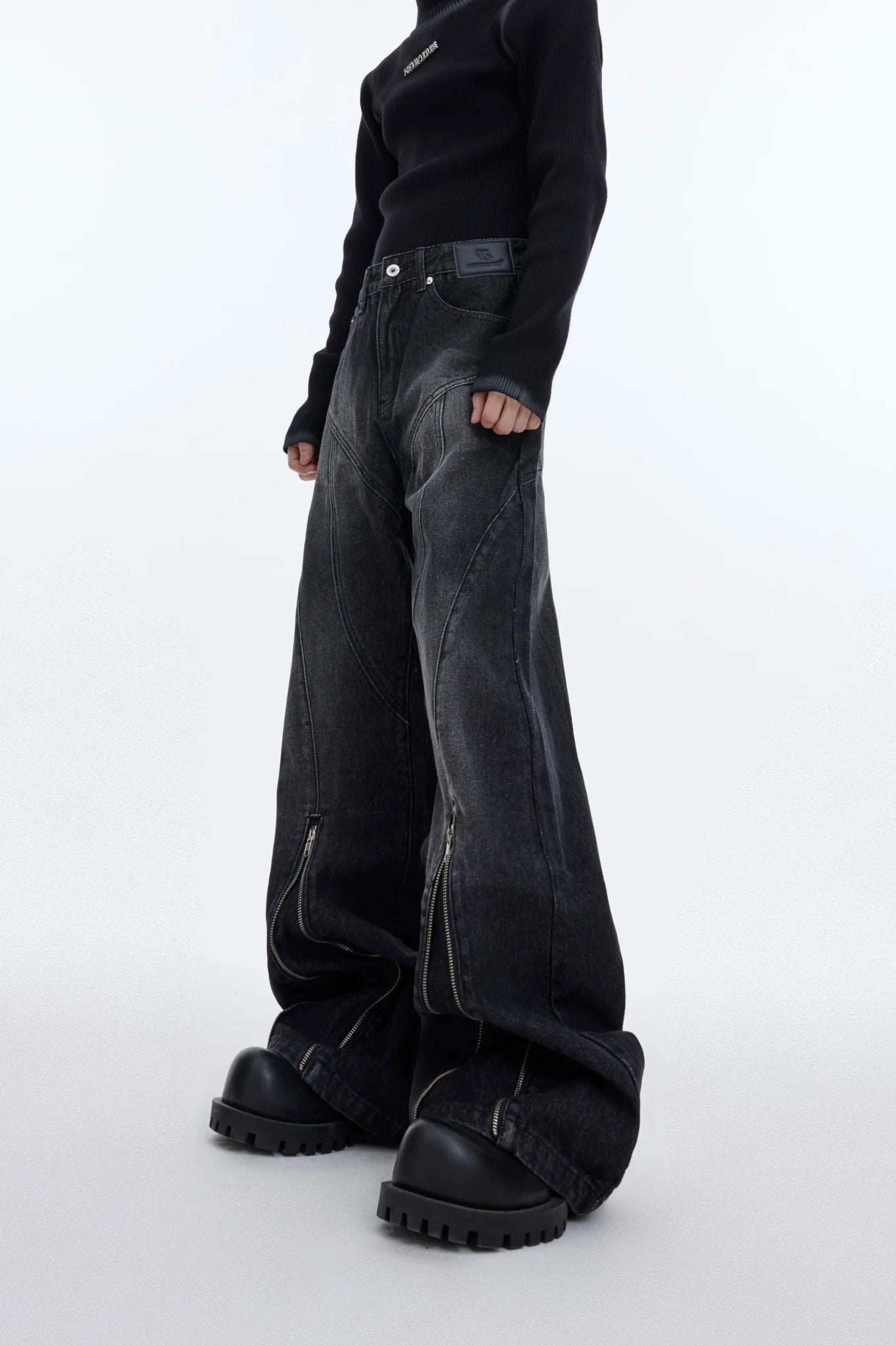 Washed Distressed Flared Denim Jeans with Metal Zipper Split Design - ArguE CulturE