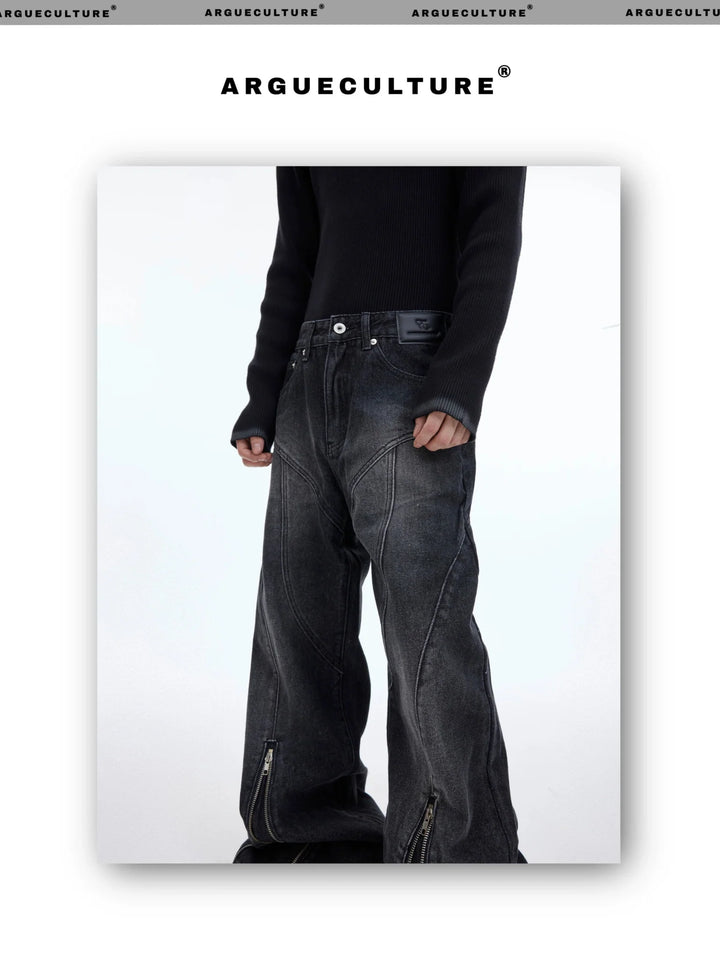 Washed Distressed Flared Denim Jeans with Metal Zipper Split Design - ArguE CulturE