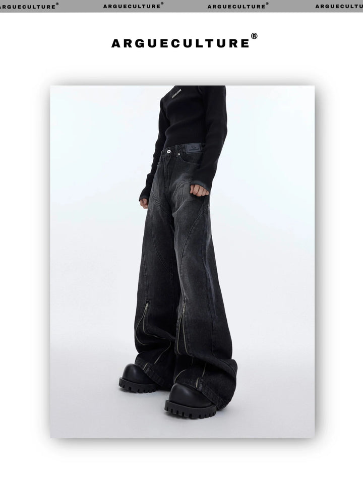 Washed Distressed Flared Denim Jeans with Metal Zipper Split Design - ArguE CulturE