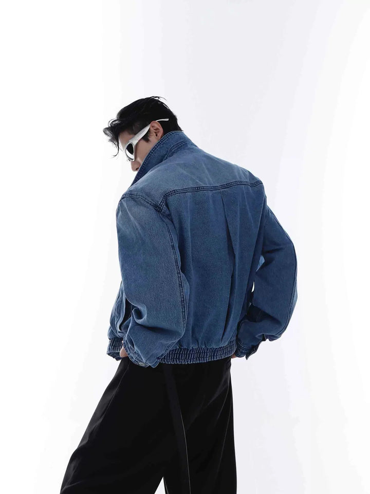 Washed Padded Shoulder Denim Jacket | Metallic Zipper Short Coat - ArguE CulturE