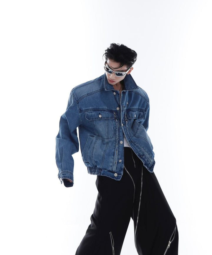 Washed Padded Shoulder Denim Jacket | Metallic Zipper Short Coat - ArguE CulturE