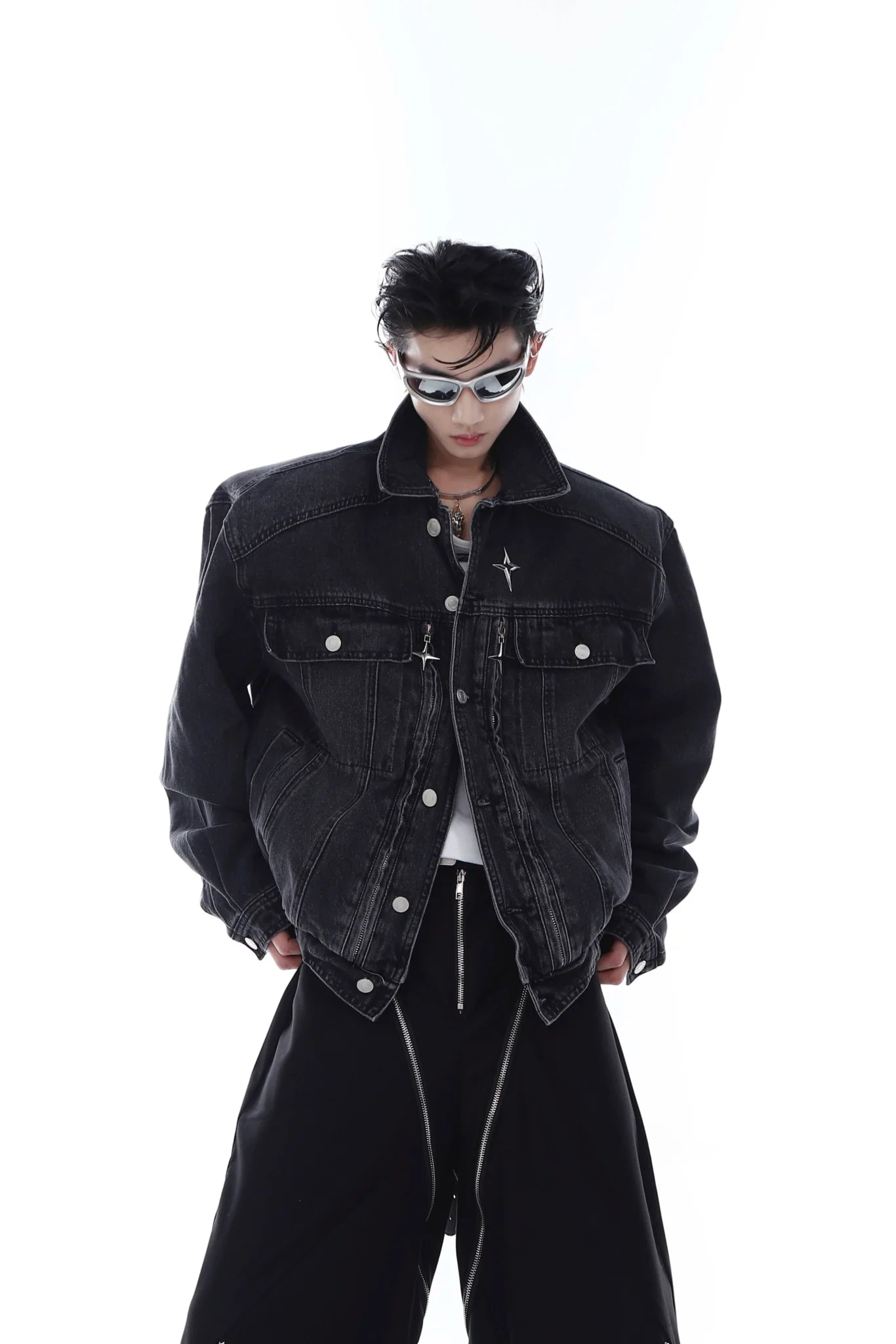 Washed Padded Shoulder Denim Jacket | Metallic Zipper Short Coat - ArguE CulturE