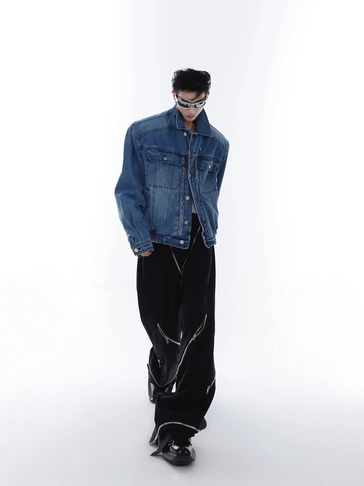 Washed Padded Shoulder Denim Jacket | Metallic Zipper Short Coat - ArguE CulturE