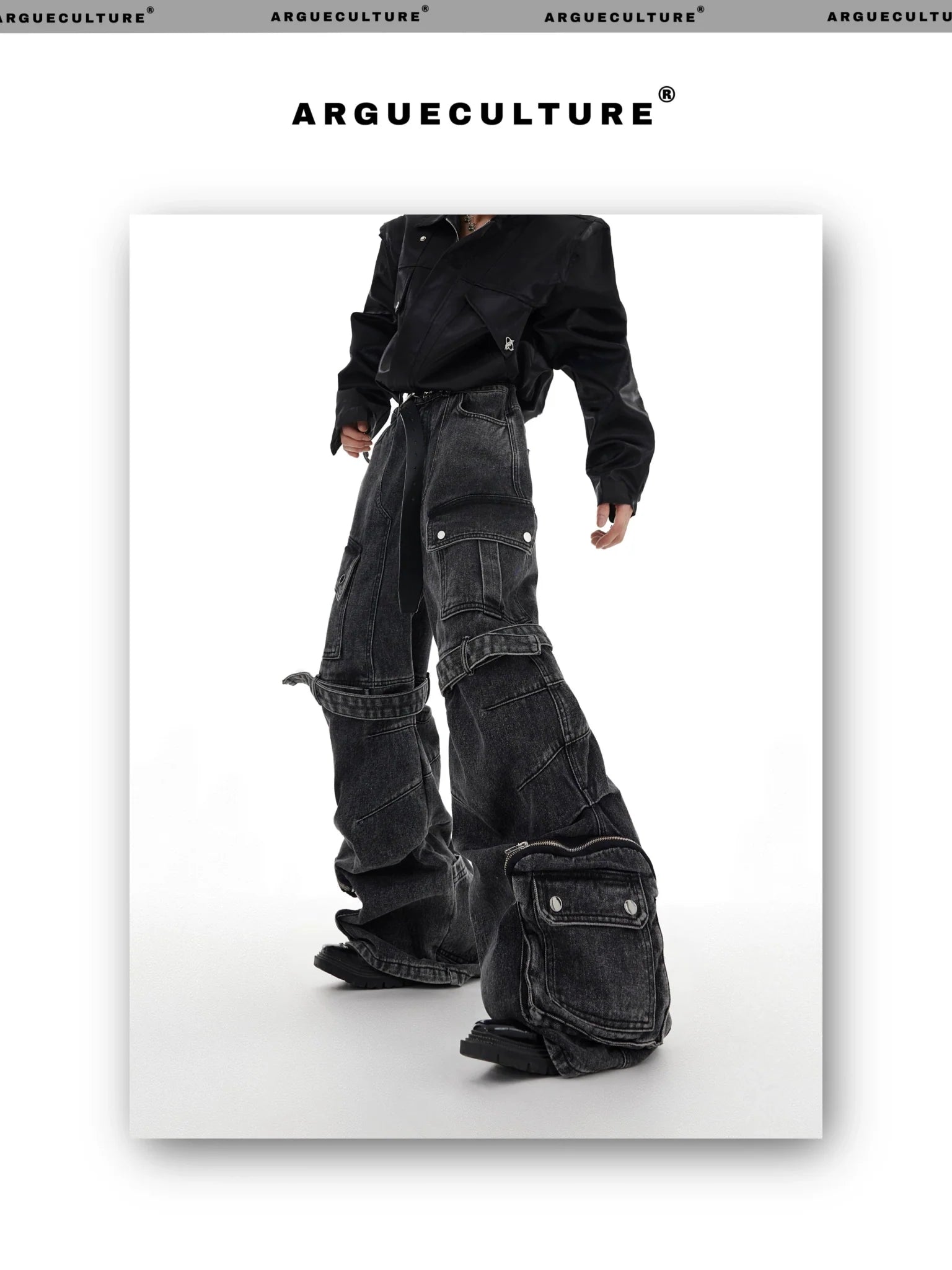 Washed Wide - Leg Denim Cargo Pants with Multi - Pocket and Tie Design - ArguE CulturE
