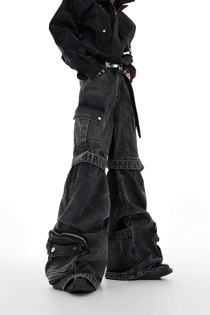 Washed Wide - Leg Denim Cargo Pants with Multi - Pocket and Tie Design - ArguE CulturE