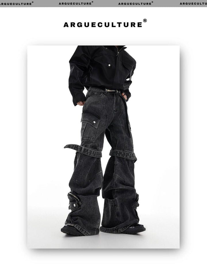 Washed Wide - Leg Denim Cargo Pants with Multi - Pocket and Tie Design - ArguE CulturE