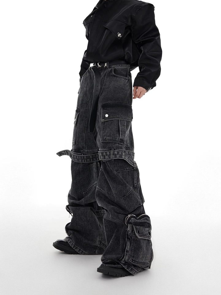 Washed Wide - Leg Denim Cargo Pants with Multi - Pocket and Tie Design - ArguE CulturE