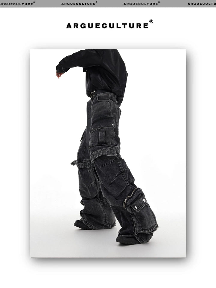 Washed Wide - Leg Denim Cargo Pants with Multi - Pocket and Tie Design - ArguE CulturE