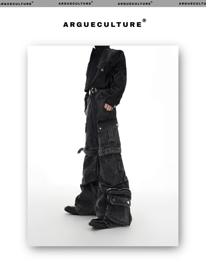 Washed Wide - Leg Denim Cargo Pants with Multi - Pocket and Tie Design - ArguE CulturE