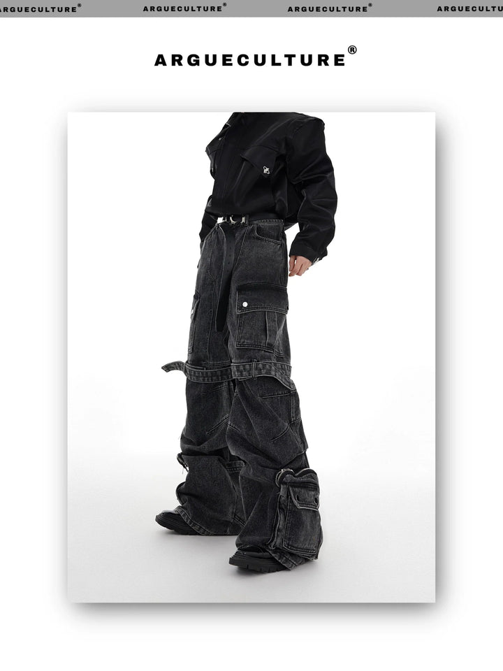 Washed Wide - Leg Denim Cargo Pants with Multi - Pocket and Tie Design - ArguE CulturE