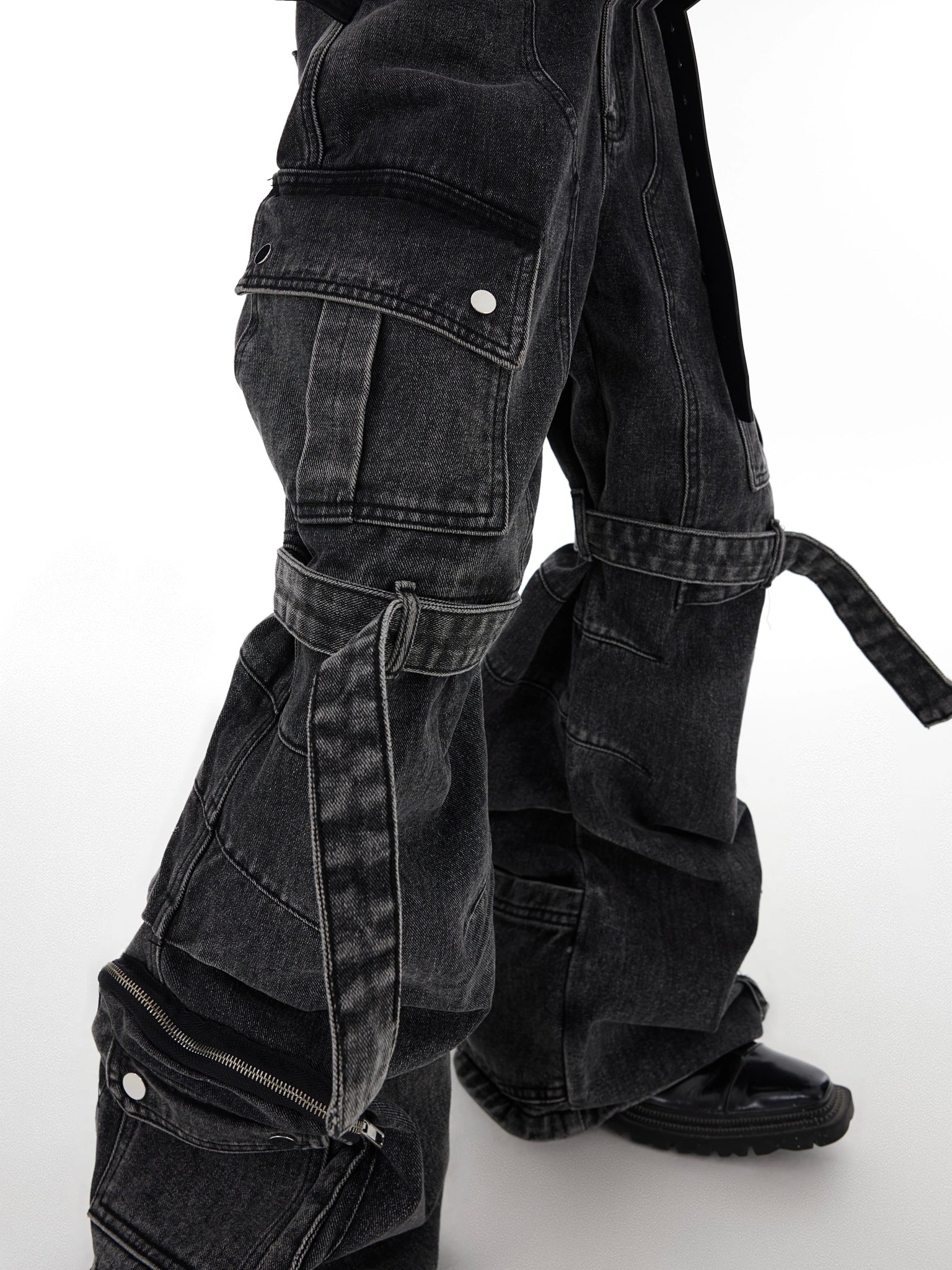 Washed Wide - Leg Denim Cargo Pants with Multi - Pocket and Tie Design - ArguE CulturE