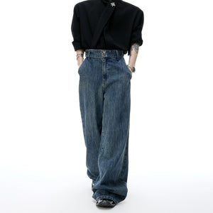 Back view of loose fit stone-washed streetwear jeans
